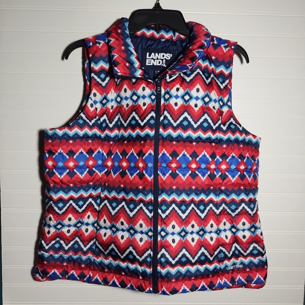 Lands End Women's Size LG Red Multicolor Geometric Full Zip Puffer Vest Gorpcore